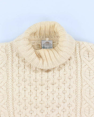 Men's Hand Knit Cable Knit Cream Turtleneck Sweater - M