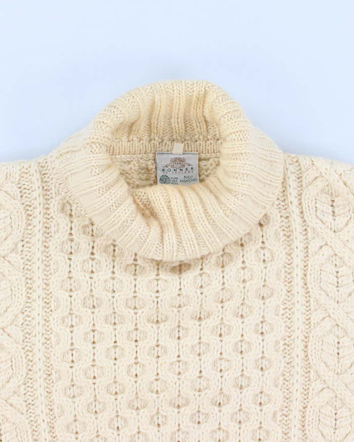 Men's Hand Knit Cable Knit Cream Turtleneck Sweater - M