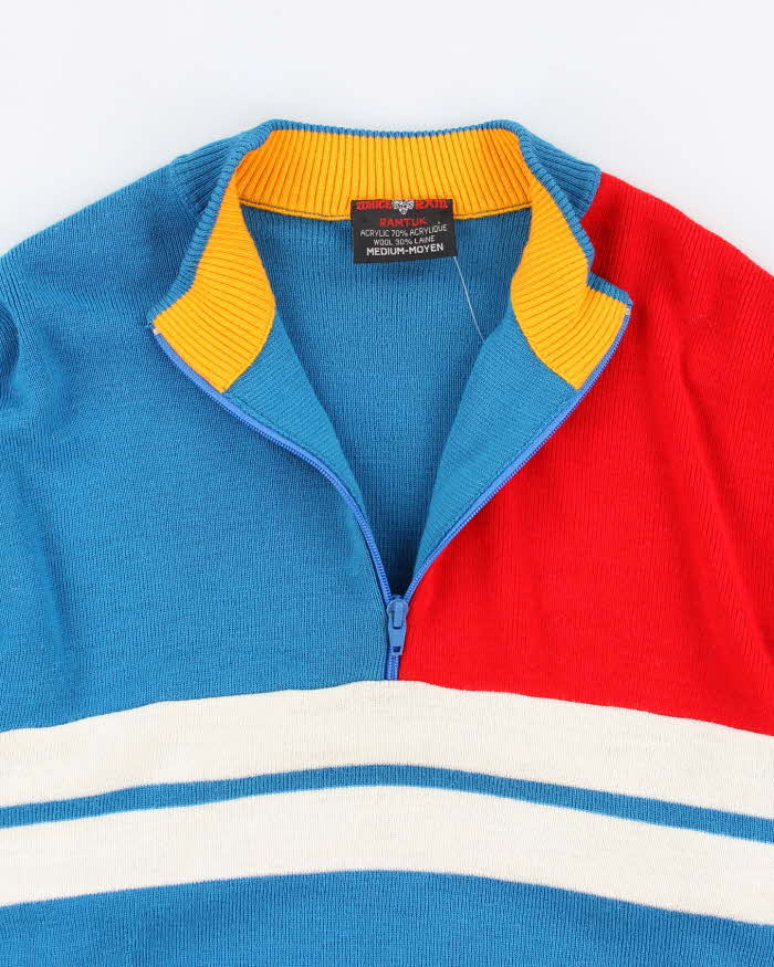 Vintage 70s/80s White Ram Blue and Red Quarter Zip Knit Jumper - M