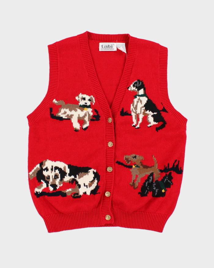 Vintage Tabi International Red Dog Knitted Button Up Sweater Vest - S