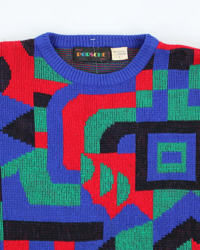 Vintage 90's Porsche Patterned Chunky Knit Jumper - L