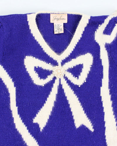 Vintage Joeclyn Smith Bow V-Neck Chunky Knit Jumper - M