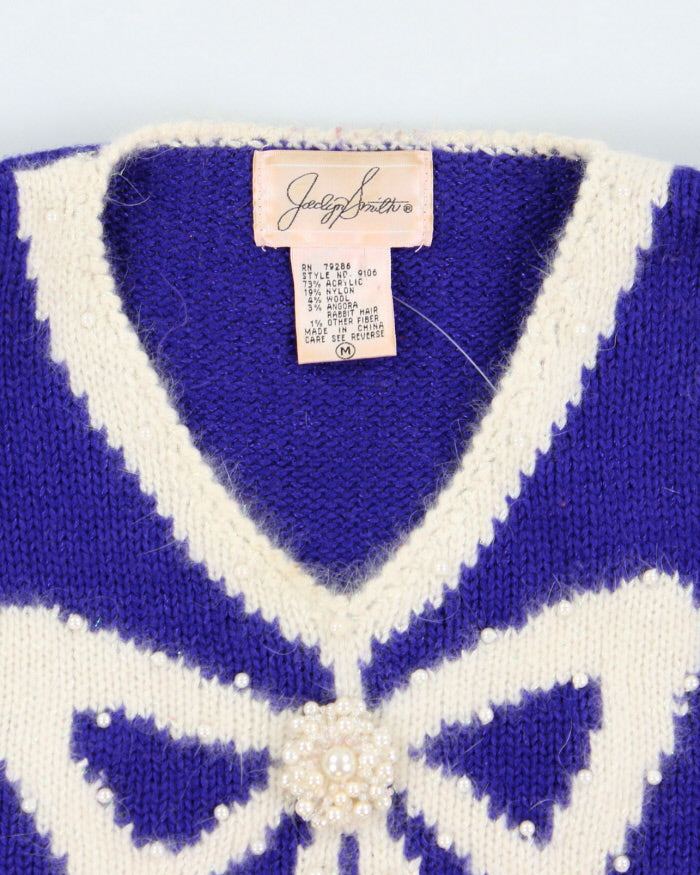 Vintage Joeclyn Smith Bow V-Neck Chunky Knit Jumper - M