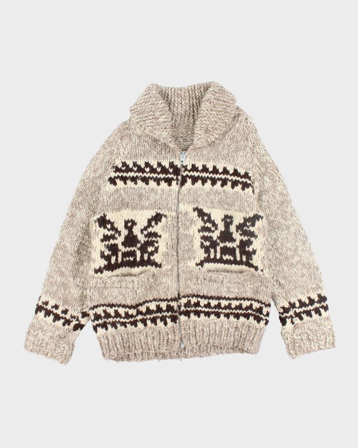 Vintage 80's Heavyweight Wool Cowichan Knit Zip Cardigan - L