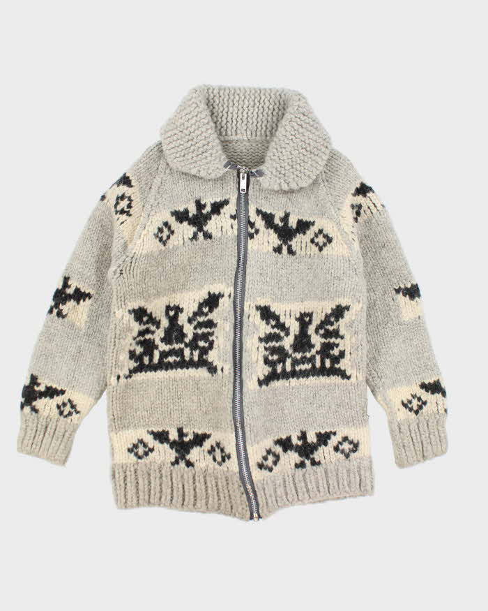 Vintage Handmade Grey Wool Chunky Knit Zip-Up Jumper - L