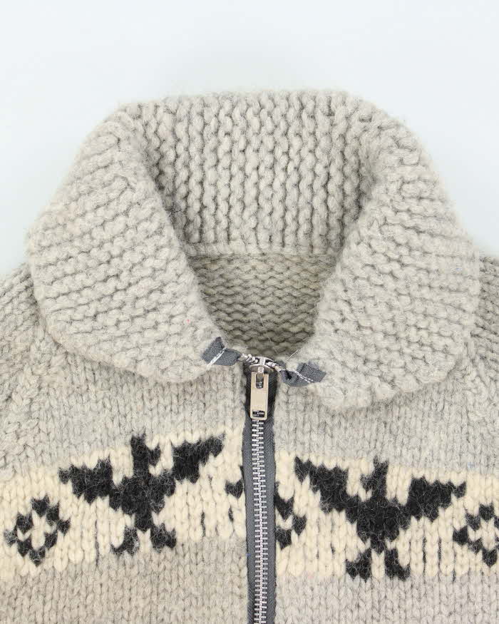 Vintage Handmade Grey Wool Chunky Knit Zip-Up Jumper - L