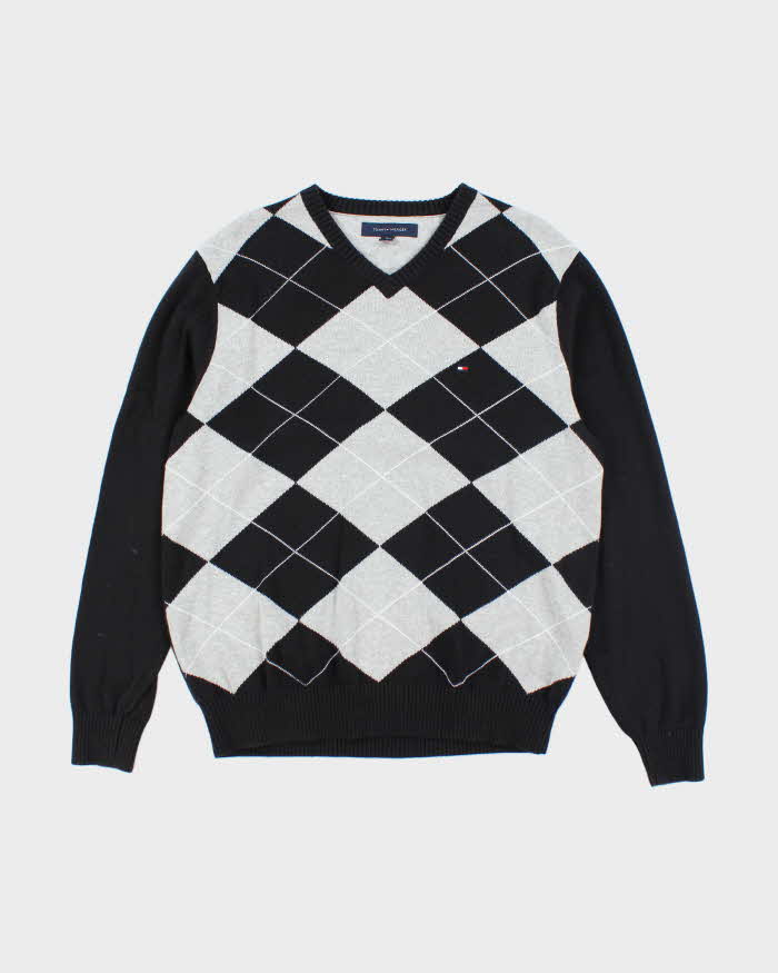 Vintage Tommy Hilfiger V-Neck Patterned Knit Jumper - M
