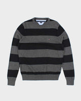 Vintage Tommy Hilfiger Grey Striped Knit Jumper - S