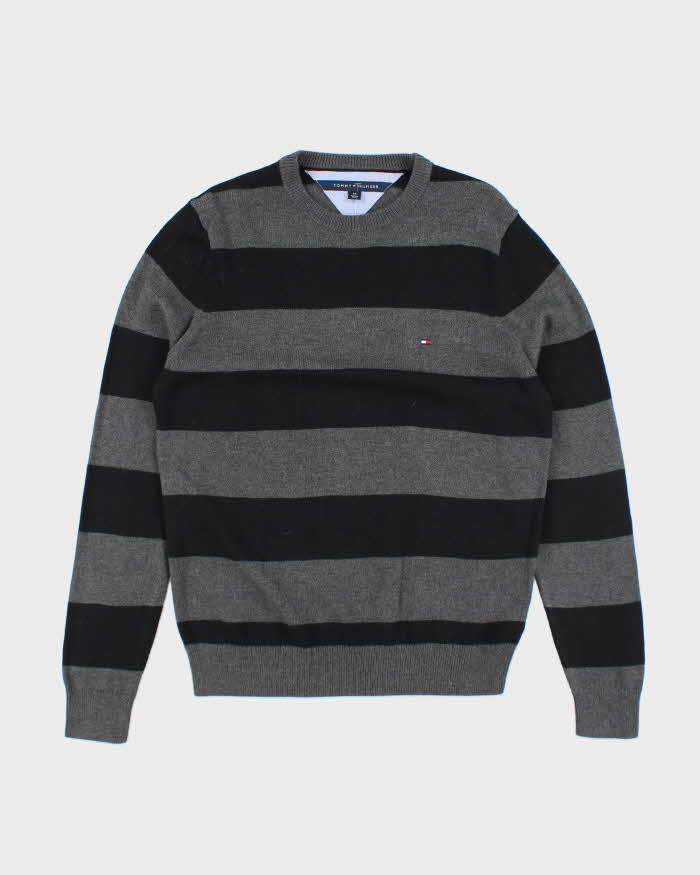 Vintage Tommy Hilfiger Grey Striped Knit Jumper - S