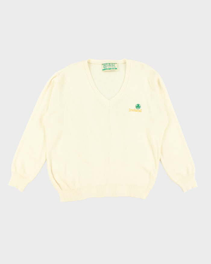 Vintage Traditional Craft Embroidered Shamrock V-Neck Knit Jumper - L