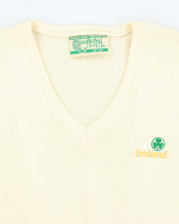 Vintage Traditional Craft Embroidered Shamrock V-Neck Knit Jumper - L