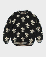 Vintage 80's Fleur De Lis Patterned Wool Chunky Knit Jumper - XL