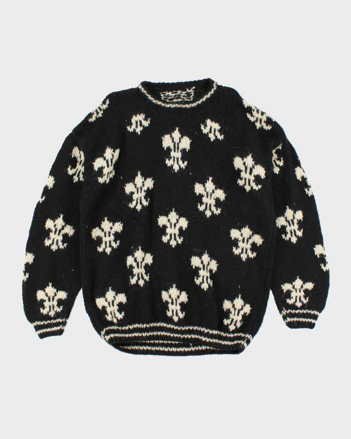 Vintage 80's Fleur De Lis Patterned Wool Chunky Knit Jumper - XL