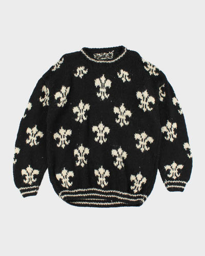 Vintage 80's Fleur De Lis Patterned Wool Chunky Knit Jumper - XL