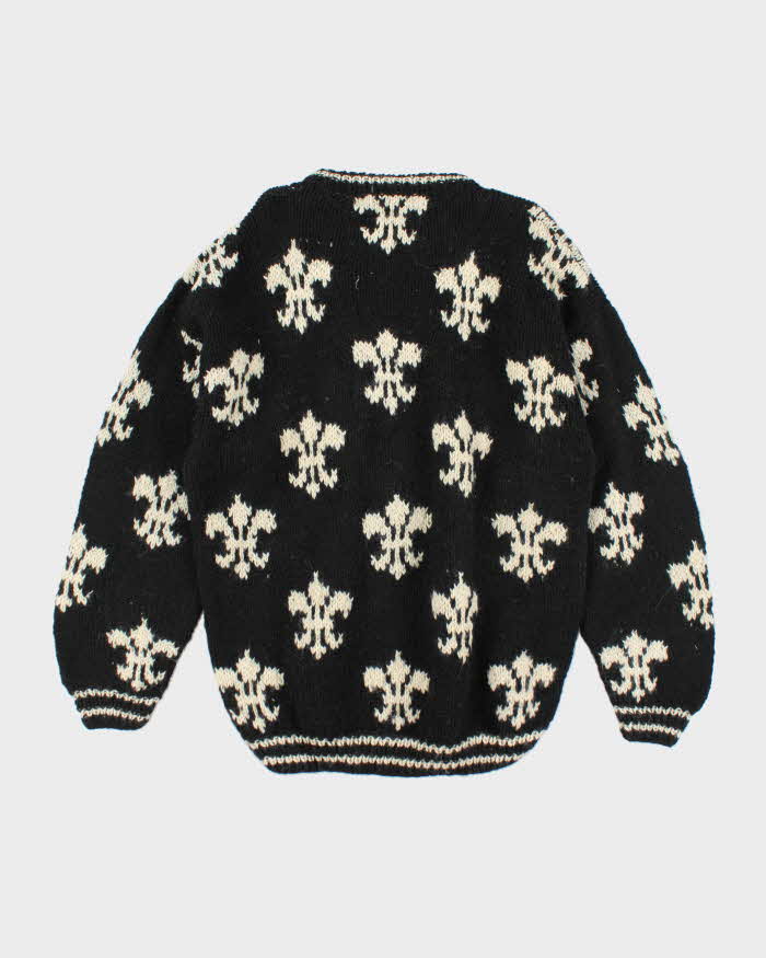 Vintage 80's Fleur De Lis Patterned Wool Chunky Knit Jumper - XL