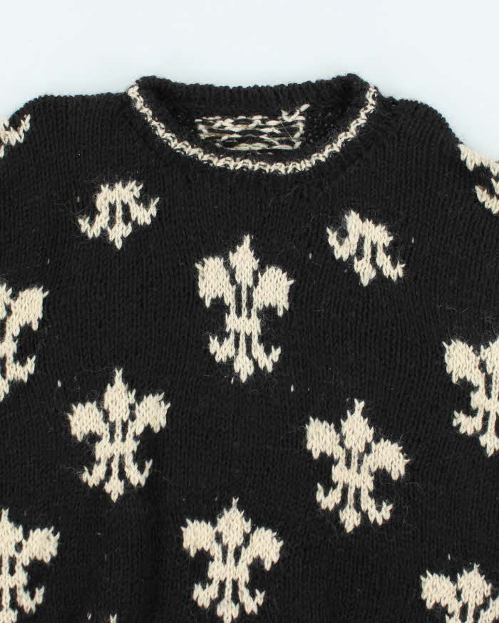 Vintage 80's Fleur De Lis Patterned Wool Chunky Knit Jumper - XL