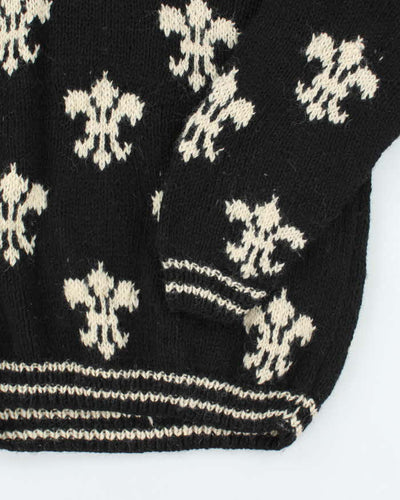 Vintage 80's Fleur De Lis Patterned Wool Chunky Knit Jumper - XL