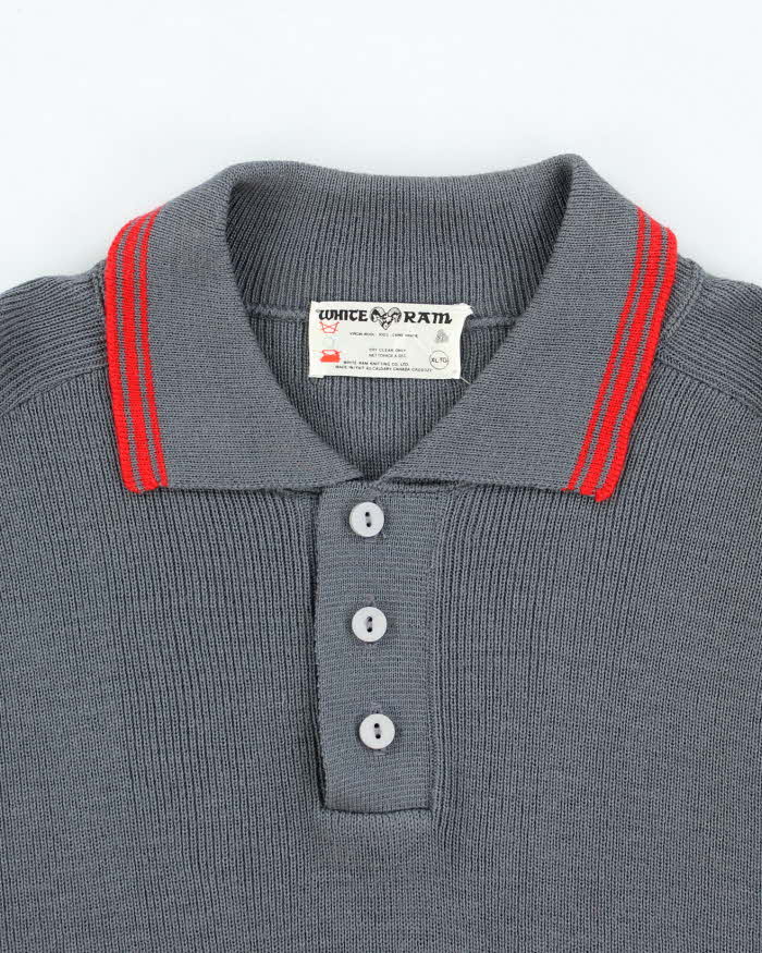 Vintage 90's White Ram Pure Wool Striped Quarter Button Knit Jumper - XL