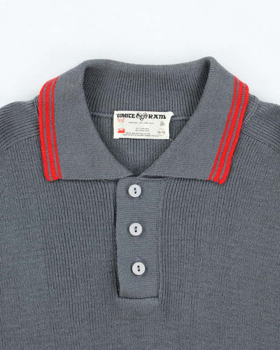 Vintage 90's White Ram Pure Wool Striped Quarter Button Knit Jumper - XL