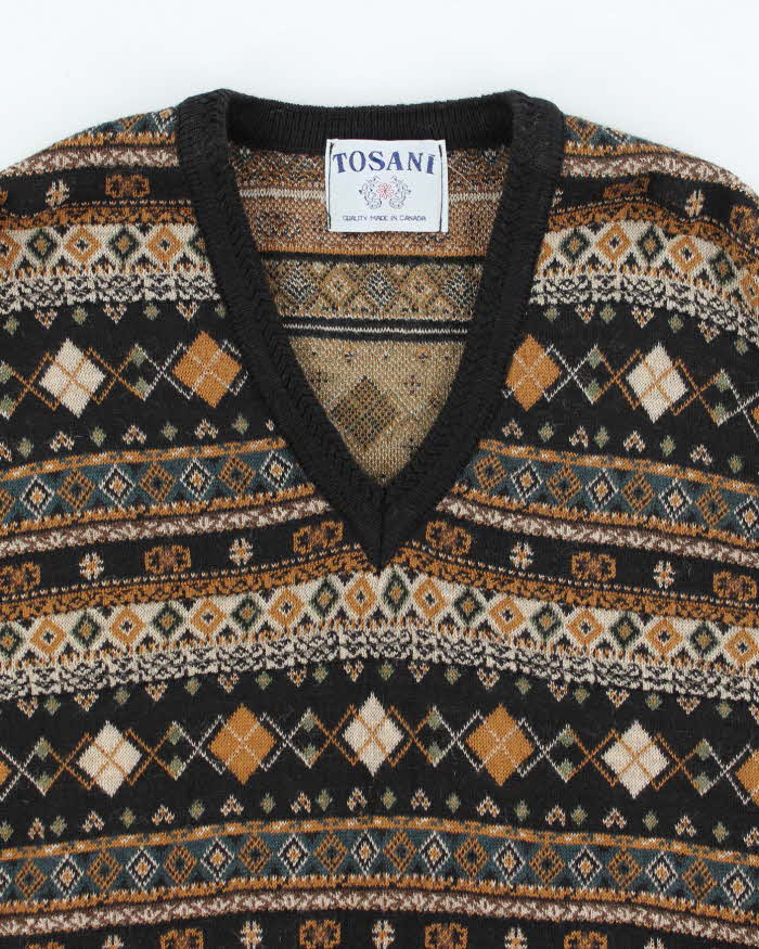 Vintage 80's Tosani Wool Blend Patterned V-Neck Tank Knit Jumper - L