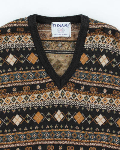 Vintage 80's Tosani Wool Blend Patterned V-Neck Tank Knit Jumper - L