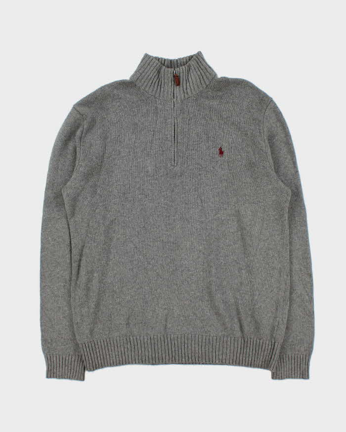 Vintage 00s Polo Ralph Lauren Grey Quarter-Zip Knit Jumper - M