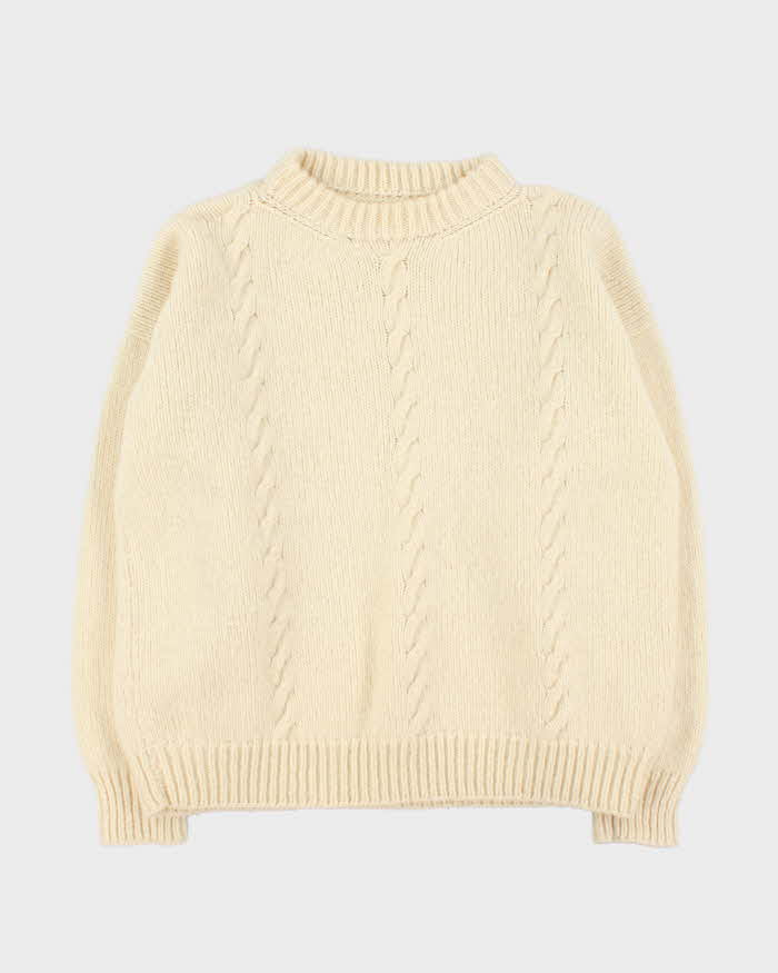 Vintage 1990s Cream Pure Wool Chunky Oversized Cable Knit Sweater - XXL