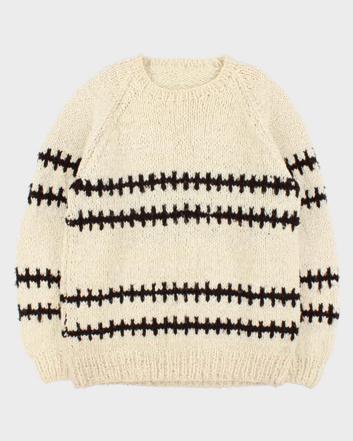 Vintage 1990s Cream Pure Wool Striped Chunky Oversized Sweater - XXL