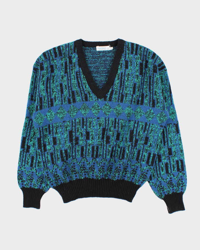 Vintage 1980s Wolsey Patterned V-Neck Wool Knit Boxy Sweater - M