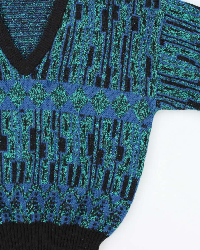 Vintage 1980s Wolsey Patterned V-Neck Wool Knit Boxy Sweater - M