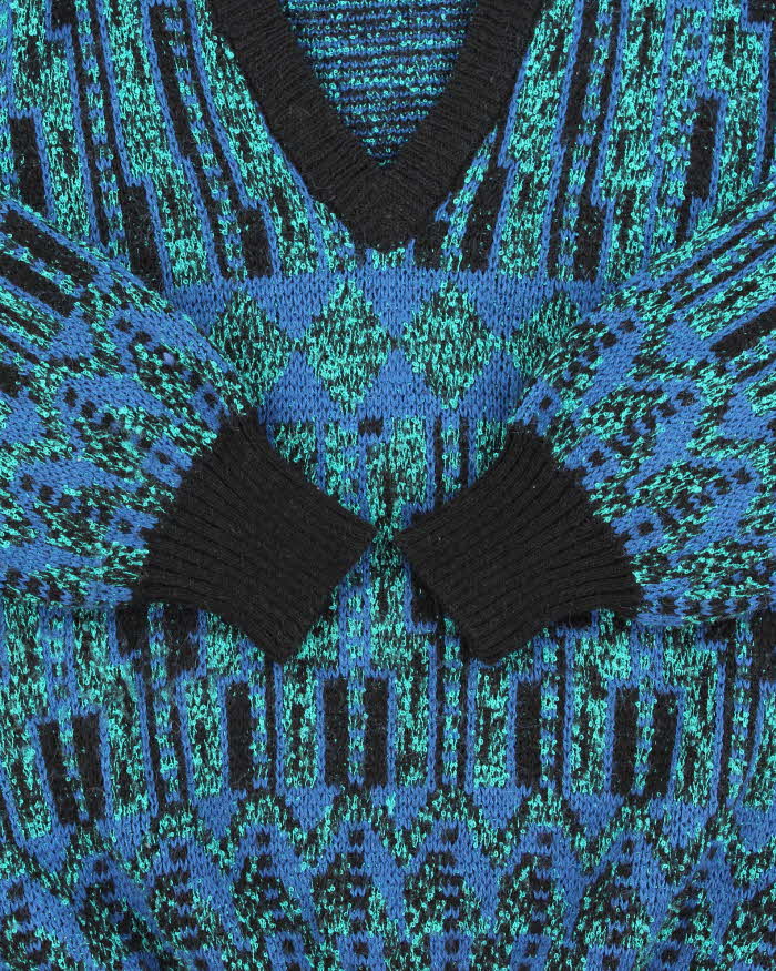 Vintage 1980s Wolsey Patterned V-Neck Wool Knit Boxy Sweater - M