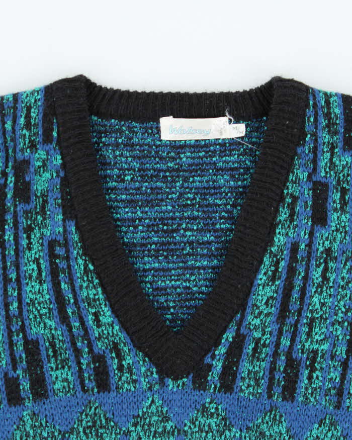 Vintage 1980s Wolsey Patterned V-Neck Wool Knit Boxy Sweater - M