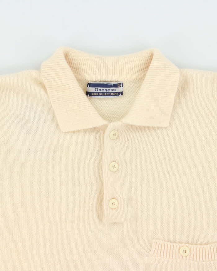 Vintage 1990s Cream Cashmere Wool Blend Collared Knit Jumper - L