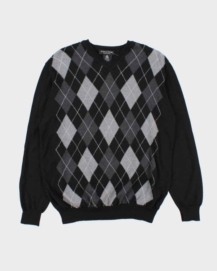 Vintage 00s Marco Fiori Merino Wool V-Neck Argyle Knit Jumper - L
