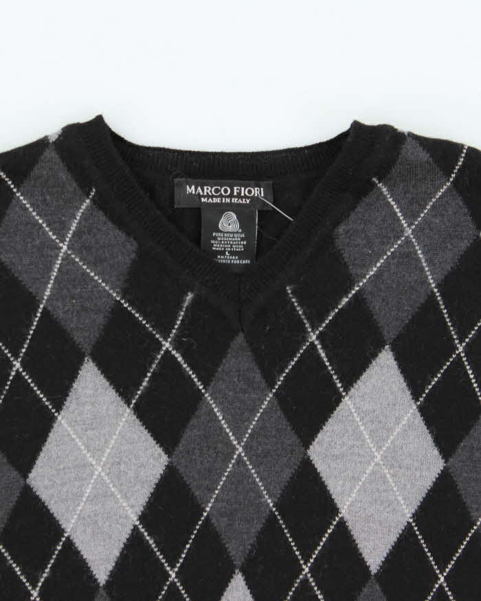 Vintage 00s Marco Fiori Merino Wool V-Neck Argyle Knit Jumper - L