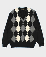 Vintage 1990s Johnstons Of Elgin Scottish Lambswool V-Neck Argyle Knit Jumper - XL