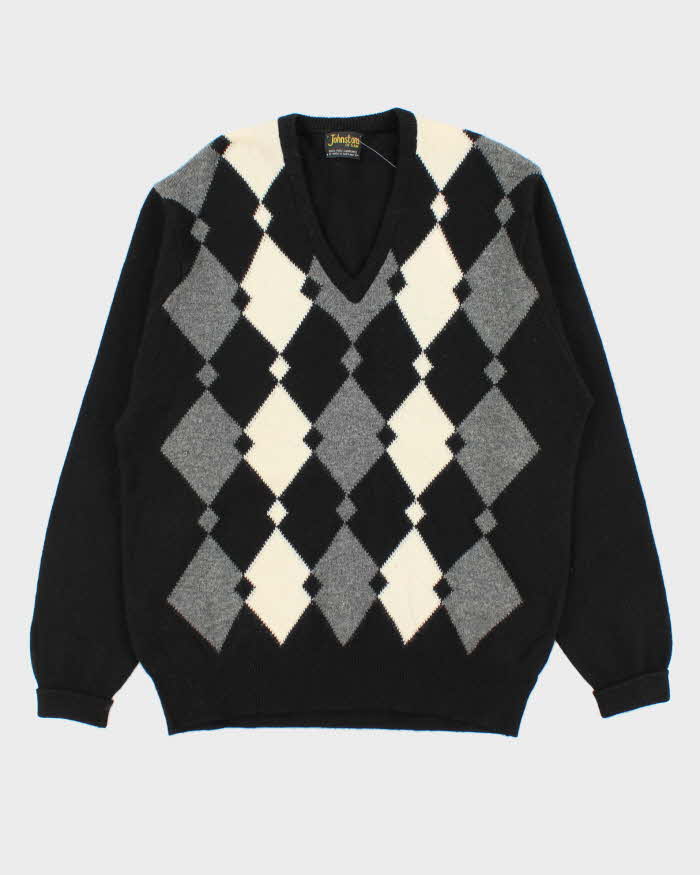 Vintage 1990s Johnstons Of Elgin Scottish Lambswool V-Neck Argyle Knit Jumper - XL