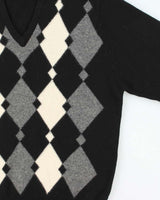 Vintage 1990s Johnstons Of Elgin Scottish Lambswool V-Neck Argyle Knit Jumper - XL