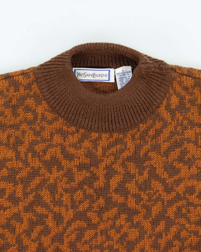 Vintage 1980s Yves Saint Laurent Patterned Wool High Neck Knit Jumper - L