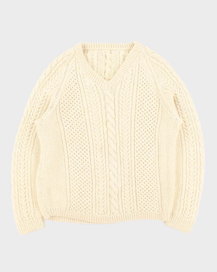 Vintage 1990s Chunky Wool Cable Knit V-Neck Knit Jumper - L
