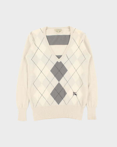 Vintage Y2K 00s Burberry Cashmere Argyle V-Neck Knit Jumper - S