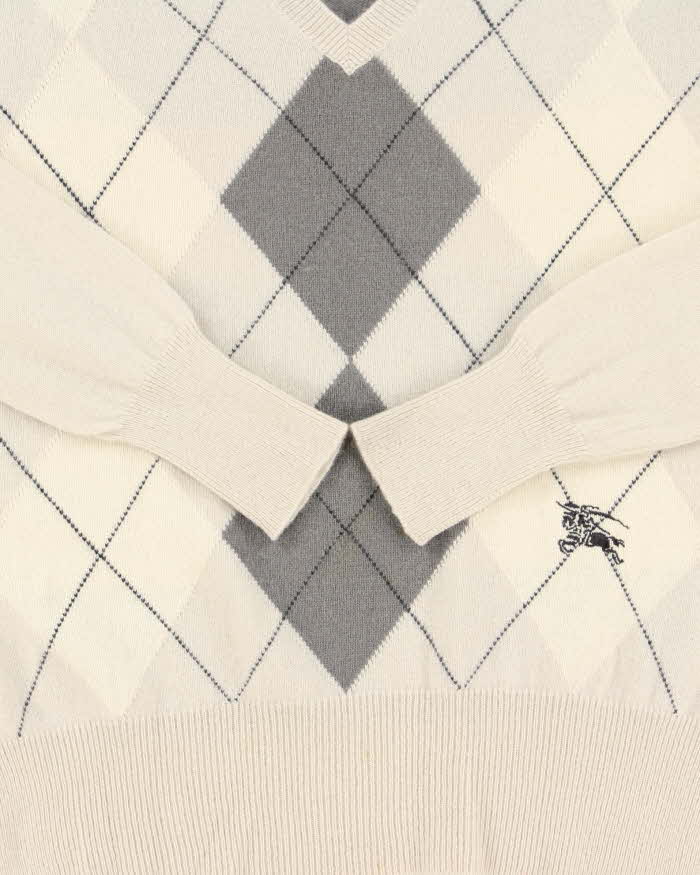 Vintage Y2K 00s Burberry Cashmere Argyle V-Neck Knit Jumper - S