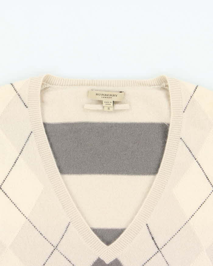 Vintage Y2K 00s Burberry Cashmere Argyle V-Neck Knit Jumper - S