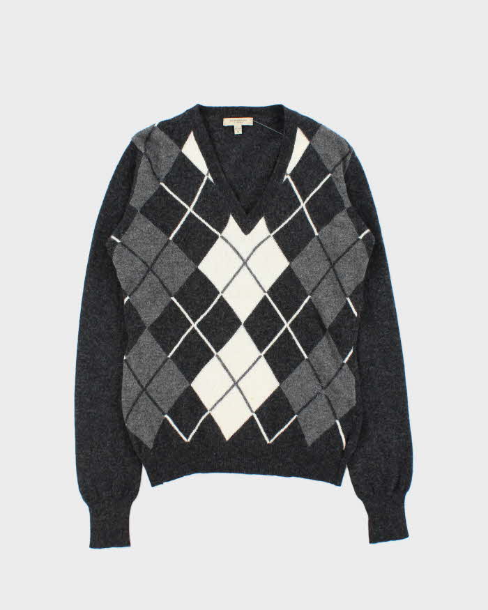 Vintage Y2K 00s Burberry Merino Wool Argyle V-Neck Knit Jumper - M