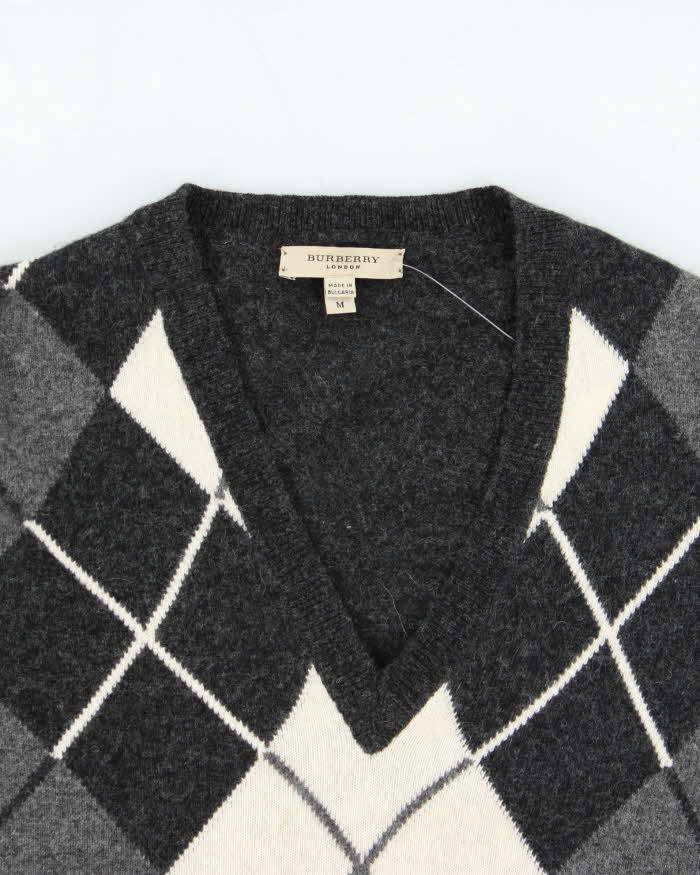 Vintage Y2K 00s Burberry Merino Wool Argyle V-Neck Knit Jumper - M