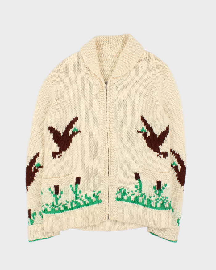 Vintage 1960s Hand Knit Wool Cowigan Zip-Up Cardigan - M