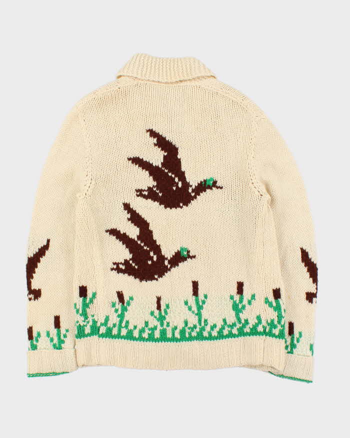 Vintage 1960s Hand Knit Wool Cowigan Zip-Up Cardigan - M