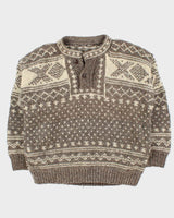 Vintage 1980s Chunky Nordic Wool Collared Hand Knit Jumper - L