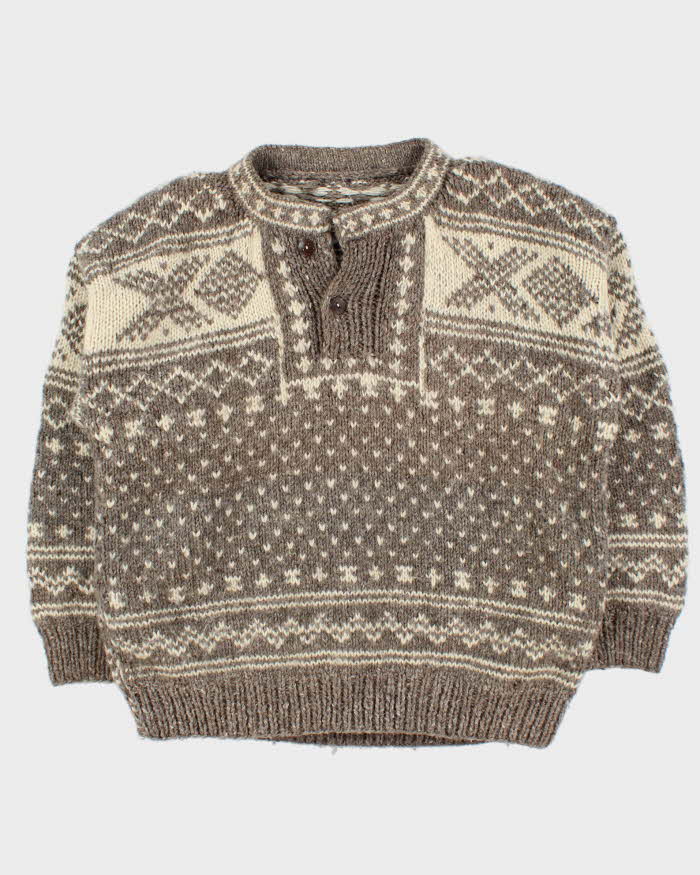 Vintage 1980s Chunky Nordic Wool Collared Hand Knit Jumper - L