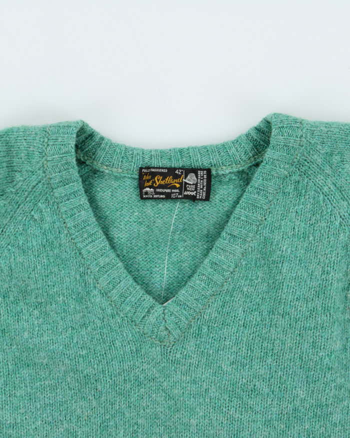 Vintage 1970s Shetland Isles Scottish Wool V-Neck Knit Jumper - XL